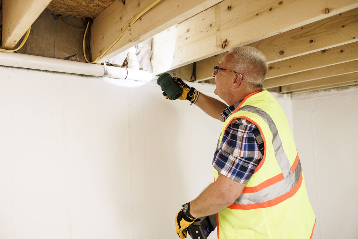 Checking pipes and insulation after water damage. Mature claim agent in vest highlight water pipes, quality control indoors Construction worker inspecting pipes under wooden ceiling.