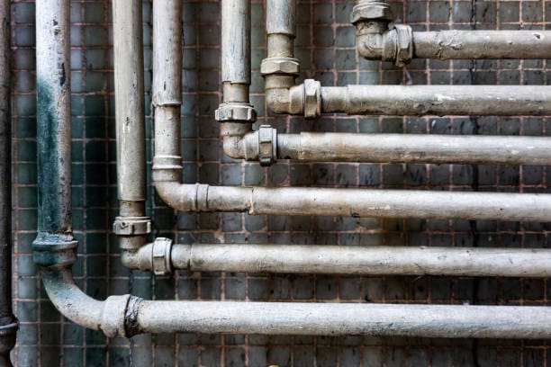 Old metal pipes against tiled wall.
