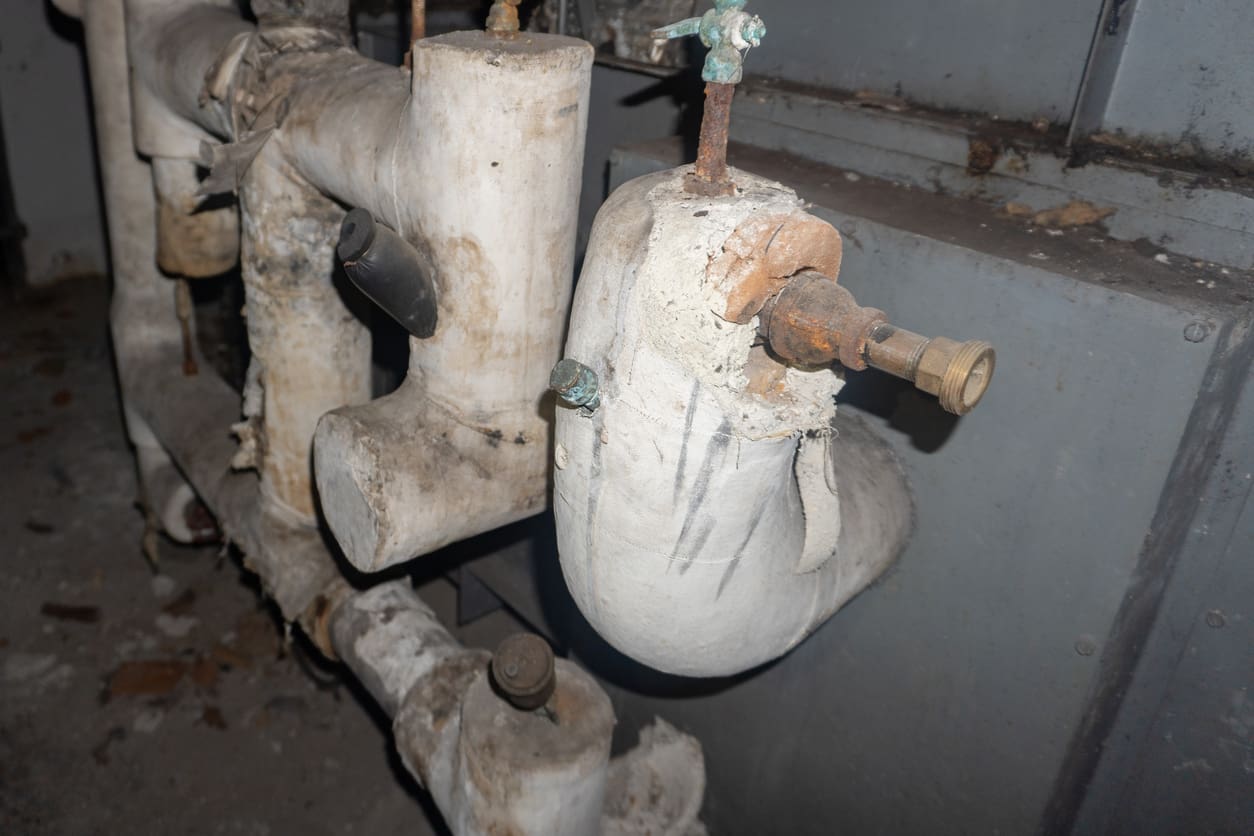 Old rusty pipes with insulation damage.