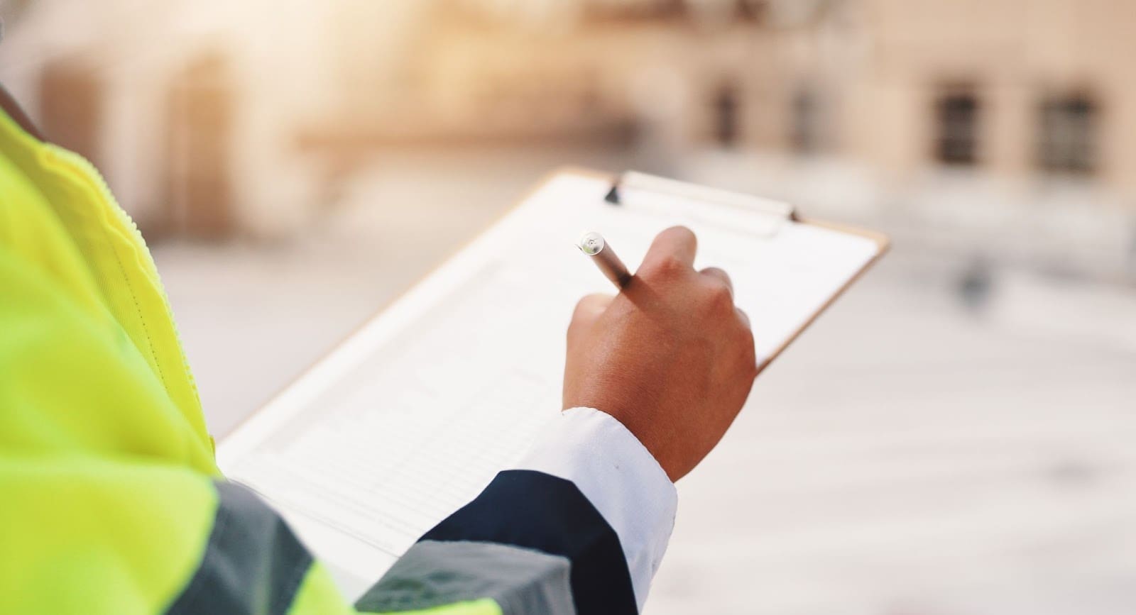Worker writing on clipboard outdoors