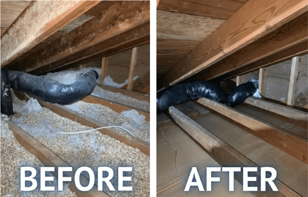 Attic insulation before and after improvement.