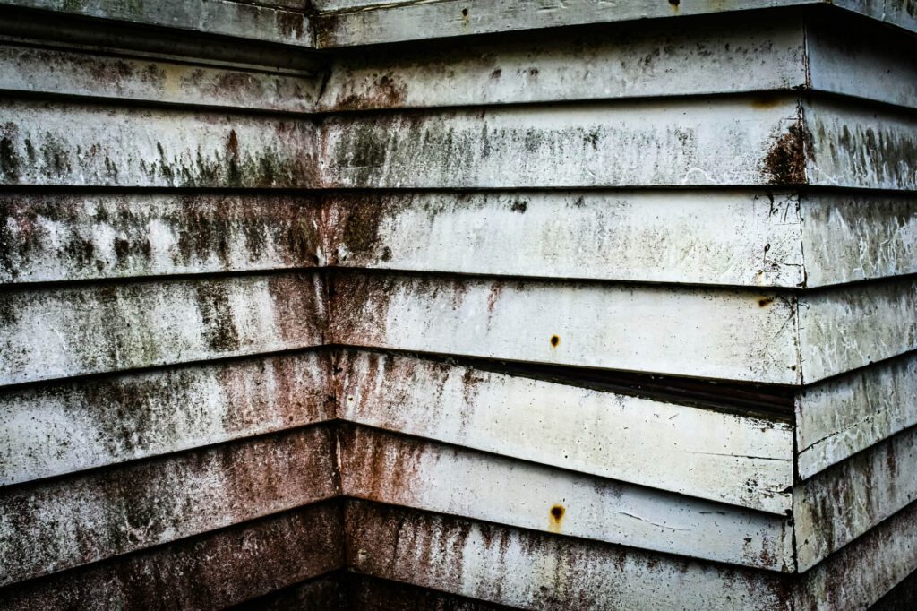 Moldy, stained exterior house siding corner