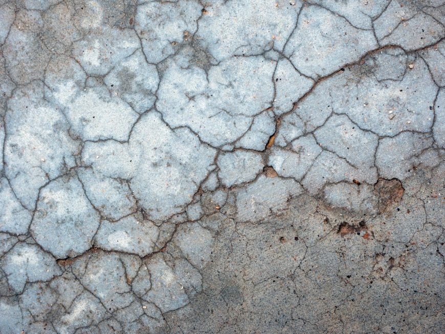 Cracked concrete subfloor showing signs of mold and water damage