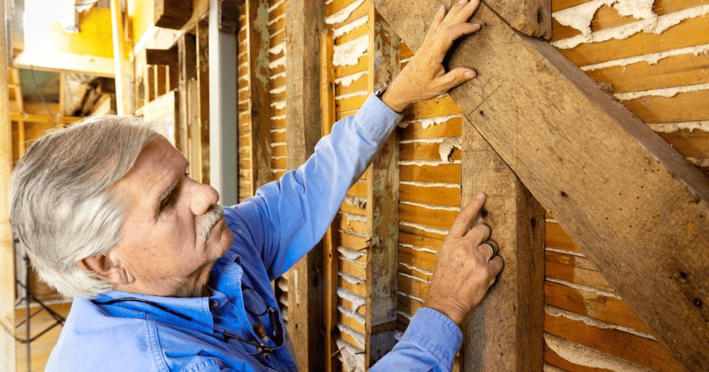 Older man inspecting wooden framing on brick wall