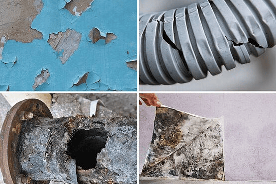 Collage of peeling paint, cracked hose, rusted pipe, moldy wallpaper