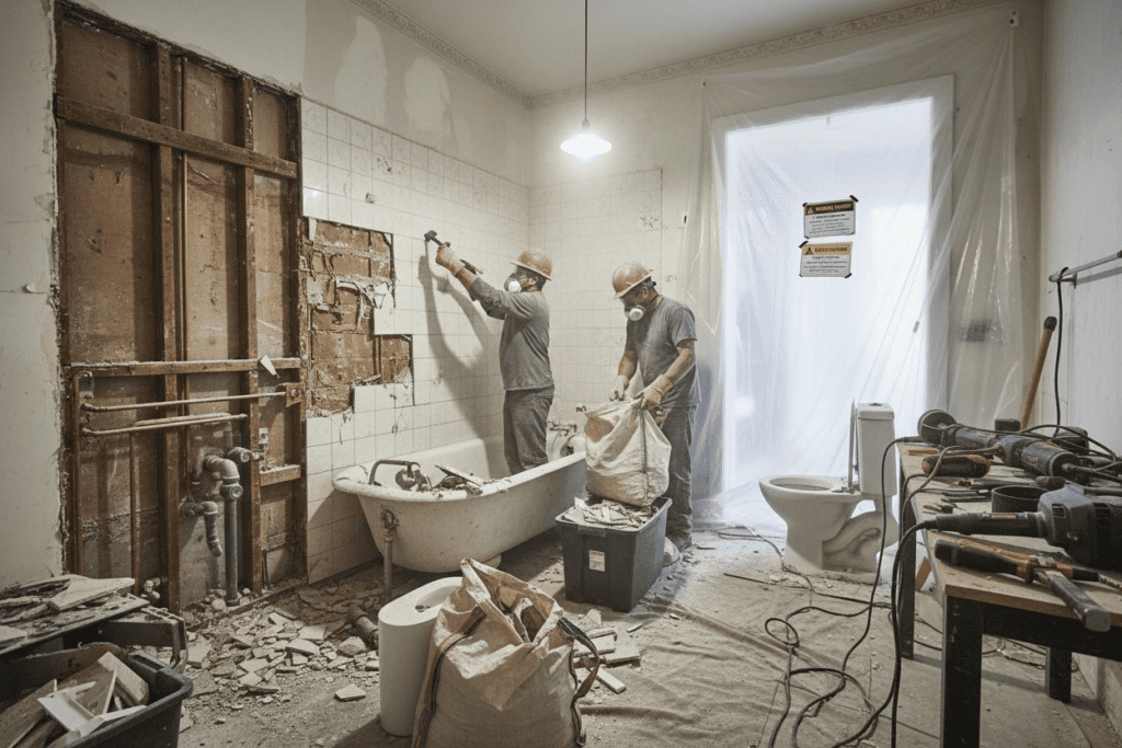 Workers renovating bathroom removing tiles and debris