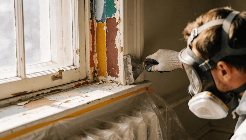 Person scraping old paint from window frame