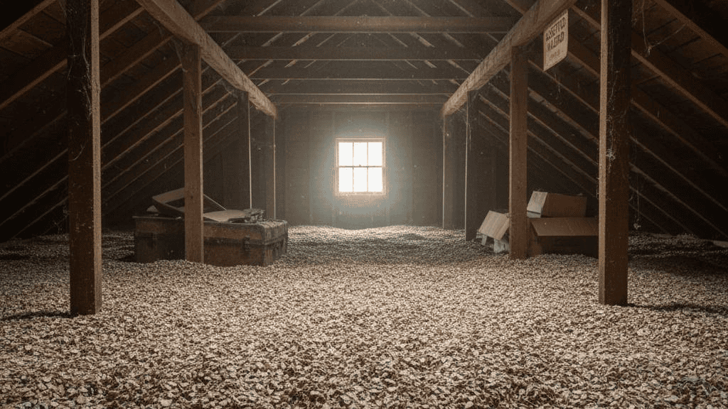 Dusty attic filled with peanuts and wooden beams