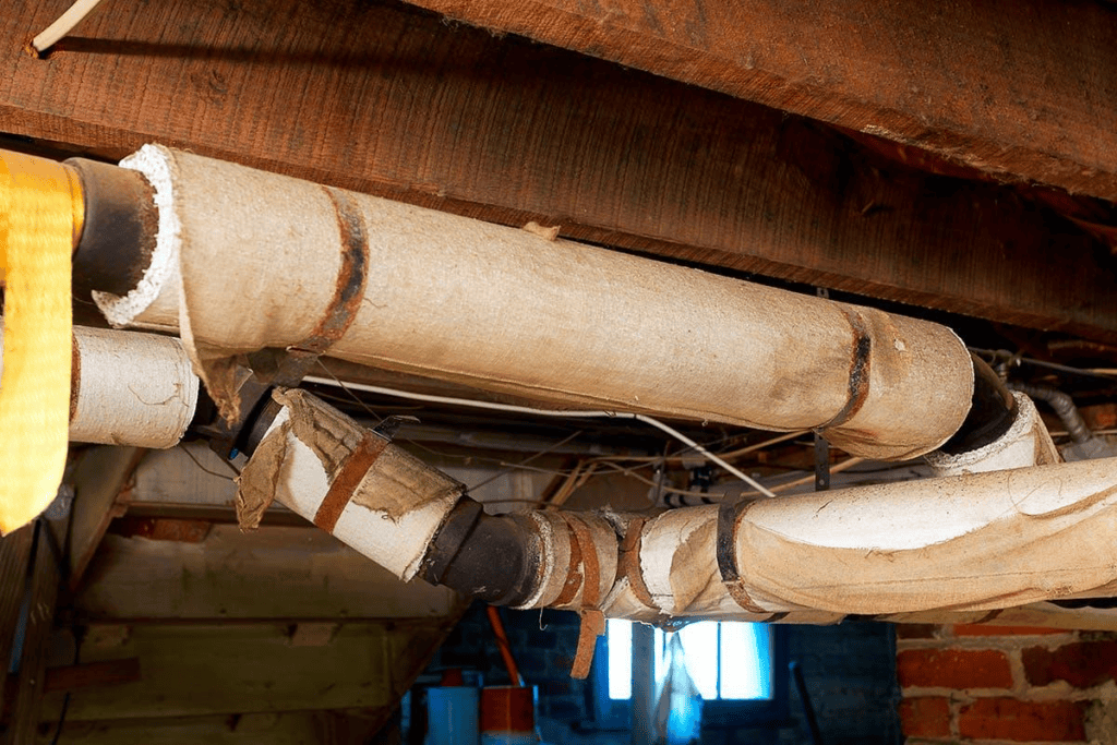 Old insulated basement pipes with damaged wrapping