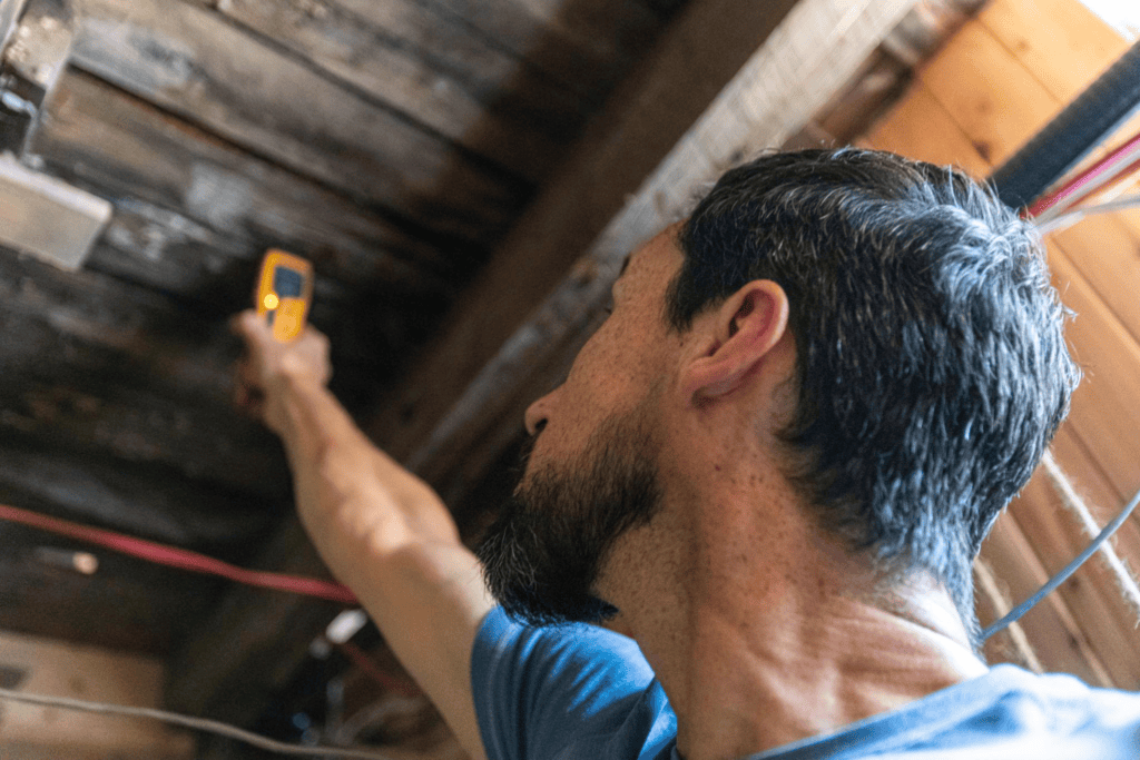 Man using infrared thermometer on wooden beams